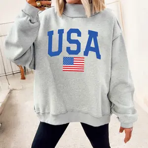 Znacicc Women's Trendy Light Grey Mock Neck Reversible USA Graphic Sweatshirt Cozy Streetwear Pullover for 4th of July & Casual Everyday Wear Long Sleeve Tops