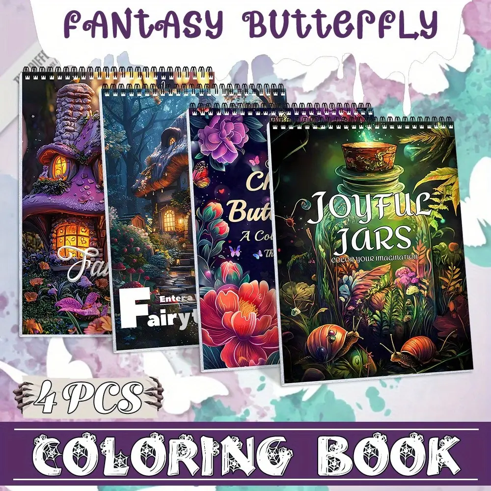 4PCS Adult Coloring Books, Coloring Pages Art - Fairytale House, Butterfly, Illustrations Themes, Beginner-Friendly Designs, Thick Paper, A4 Spiral Bound, Leisure & Entertainment - Perfect Gift, Holiday Gift