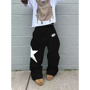 Men’s fashion casual straight-leg pants, star print graphic drawstring-waist sweatpants, summer fitted street style, perfect for daily wear