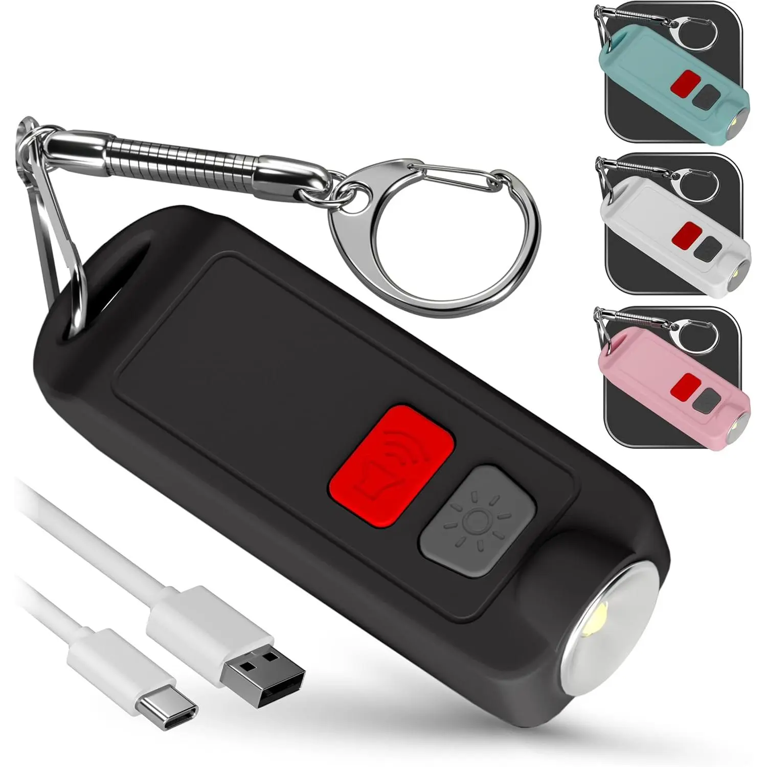 Button Keychain for Women - USB Rechargeable Waterproof Safety Siren Key Chain 130dB Security Panic Whistle with LED Light - Low  Notification -  Sound Alert (Black)