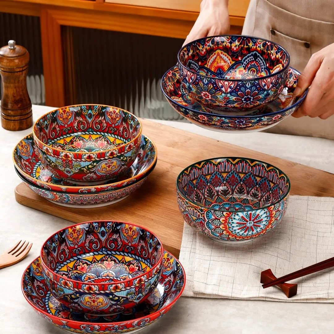8-Piece Tableware Set, Ceramic Dish Set, 4 Plates 4 Bowls, Dishwasher & Microwave Safe, Floral Geometric Patterns, Round, Suitable for 4 People, Non-Bone China, Dinnerware, Dinner Sets, Dishware Set, Dishes Set