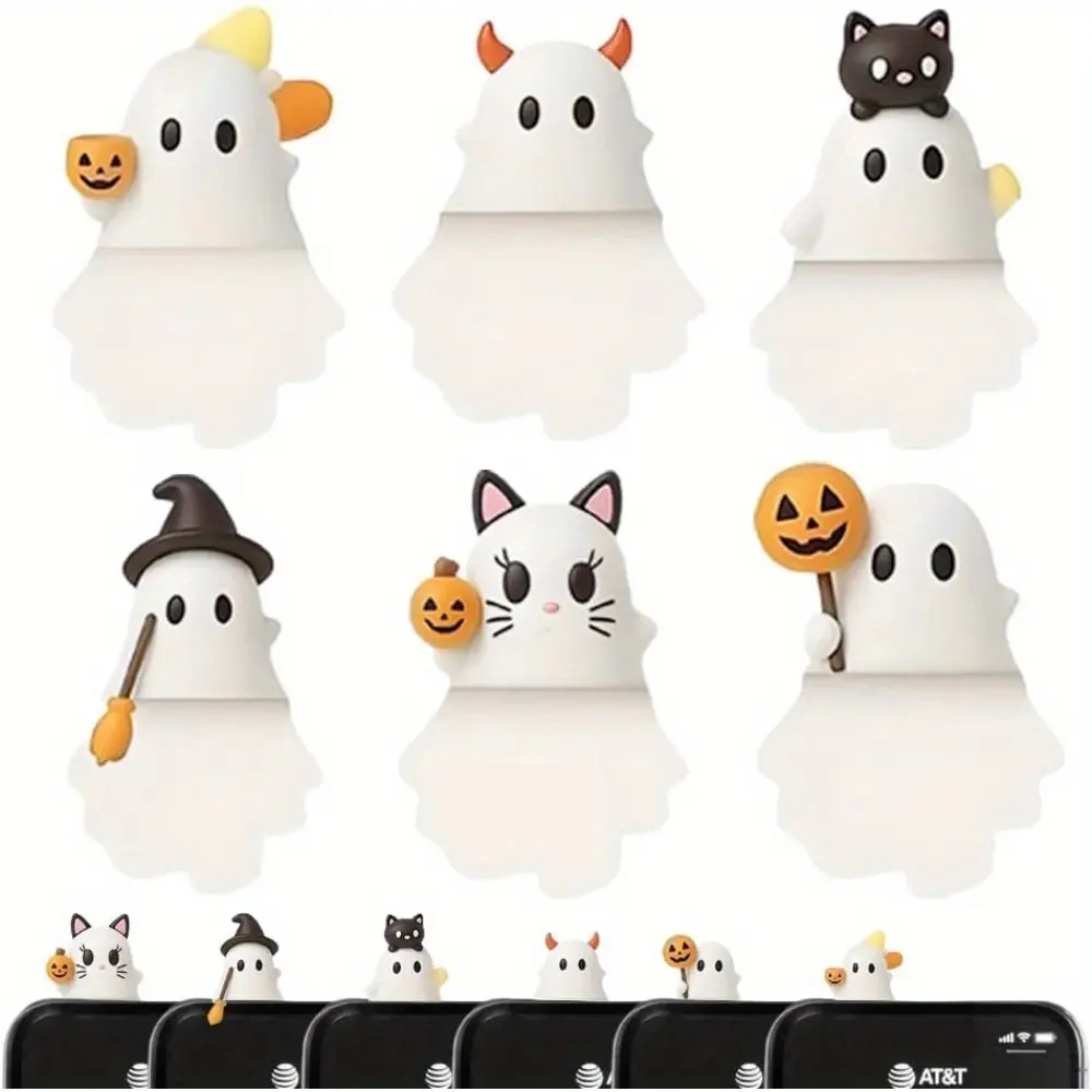 3D 6 Ghostees Mysterious Phone Companions [Mid Year Sale Restock] Cute Halloween Themed Faux Leather Phone Decorations Peel and Stick Surprise Mini Figures with Ghosts Pumpkins and Bats Fun Desktop Accessories for All Phones Prank Design