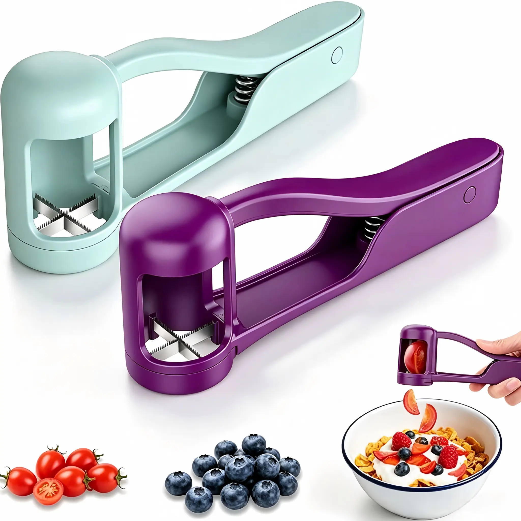 2 Pack Grape & Cherry Tomato Cutter, Handheld Fruit Slicer Tool, Quick Fruit Divider for Grapes, Cherry Tomatoes, Strawberries, Blueberries & Small Fruits, Kitchen Prep Gadget