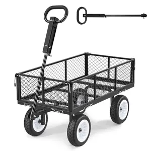 VEVOR Garden Cart, 900 LBS, Heavy Duty Steel Yard and Garden Utility Wagon with 10-Inch Tires, Outdoor Gardening Stool with Adjustable Handle, Detachable Side Panels, Attach to ATV or Tractor, Black