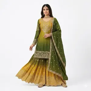 Indian Suit - Women's Casual Outfit with Long Sleeves, Chinon Silk Fabric, Codeing Dori with Sequence, Suitable for Various Occasions - Womenswear - Dress