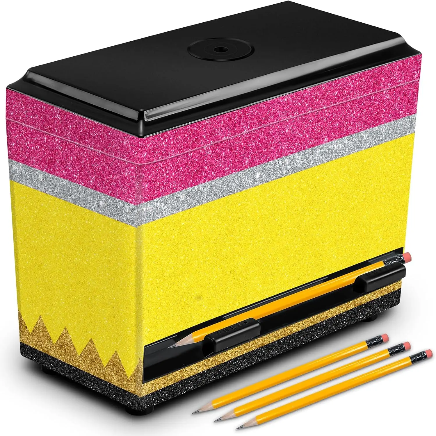 Briwooody Pencil Dispenser for Classroom, Glitter Yellow Pink with Lid | Back to School Supplies, Kindergarten Must Haves, Pencil Organizer for Preschool Middle Grades, Teacher Gift Ideal
