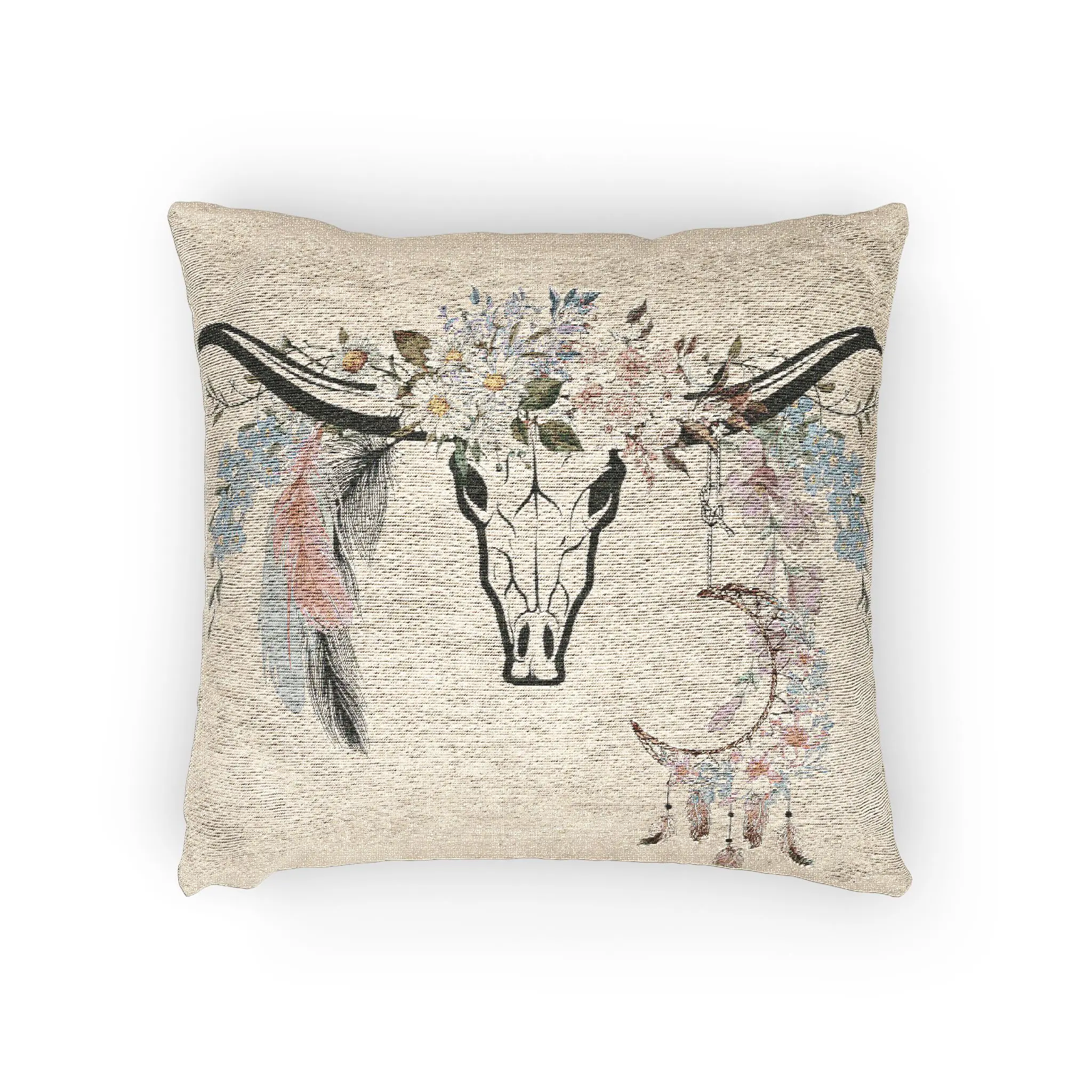 Texas Longhorn Flowers Woven Throw Pillow, Rustic Throw Pillow, Home Decor, Country Western Decor, Southwestern Style