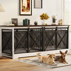 COZPAW 78" Double Dog Crate Furniture for 2 Dogs,Extra Large Furniture Style Dog Kennel,Heavy Duty Wooden XL Dog Cage with Removable Divider,Pet Cage TV Stand & Side Table (White Brown)