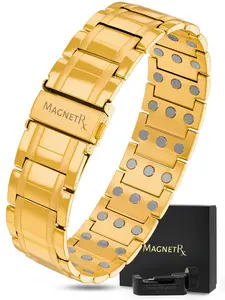 MagnetRX 3X Strength Titanium Magnetic Bracelet for Men (Gold) - Fold Over Clasp - Waterproof, Hypoallergenic, Sizing Tool & Gif Box