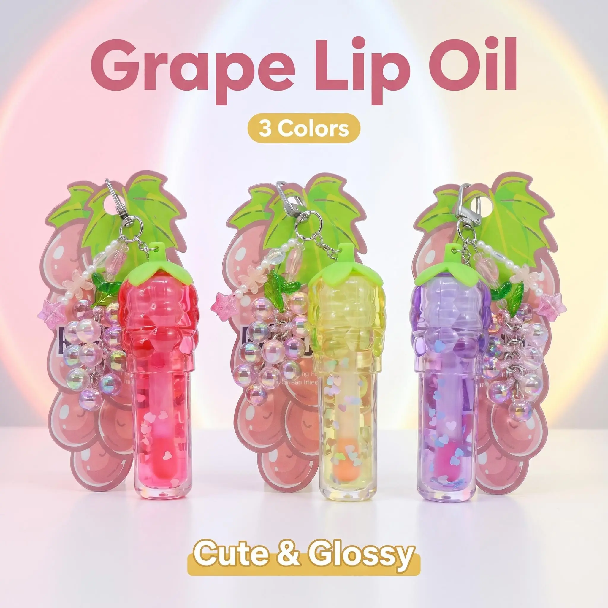 Fashion Grape Lip Gloss Tube Keychain,Glossy End Lip Gloss, Mini Container with Bead Pendant, Fashion Accessory for Purses, Birthday Party Gift for Teen Girls, Kawaii, Iridescent Lipstick Makeup Cosmetic, Plastic, Clip, Refillable, Cute