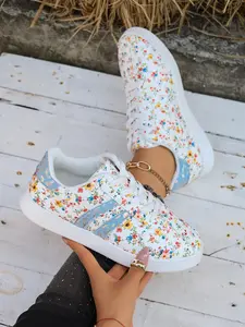 Women's Floral Print Low Top Shoes, Comfortable Soft Sole, Sporty Style, All Seasons, Round Toe, PU Upper, Rubber Sole, Casual Footwear