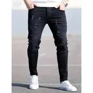 Men's Slim Fit Distressed Black Denim Jeans - Mid-Waist, Stretch Cotton Blend, Casual Streetwear Style, Ripped Detail, Comfortable & Versatile for Casual Attire, Fashion Pants |   Slim Fit Jeans |   Durable Fabric Menswear Trouser