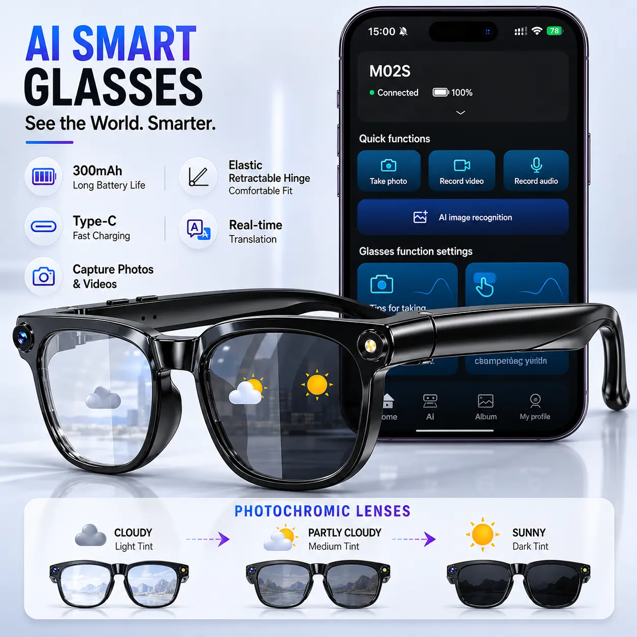 PEJE Smart Glasses M02S AI Wearable with 8MP Camera, Video & Photo Capture, Real-Time Translation, Recording Glasses with AI Assistant, 100+ Language Translation, Open-Ear Audio, Object Recognition, Bluetooth Calling for Travel Outdoor Activities