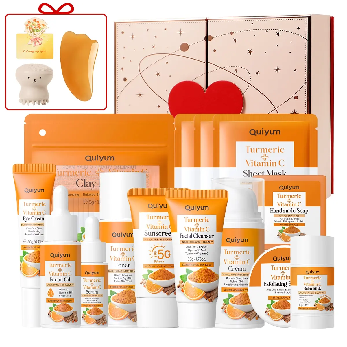 Quiyum Turmeric Skincare Set, Cleanser, Toner, Eye Cream, Serum, Moisturizer, Suncreen,Scrub,Clay Mask, Balm Stick,Facial Oil,Soap,Octopus Brush,Scraping Pate,Card,Gift Box,Hydrating Soothing,Best Gift, Turmeric Glow Set, Skin Care Products, Glow Kit