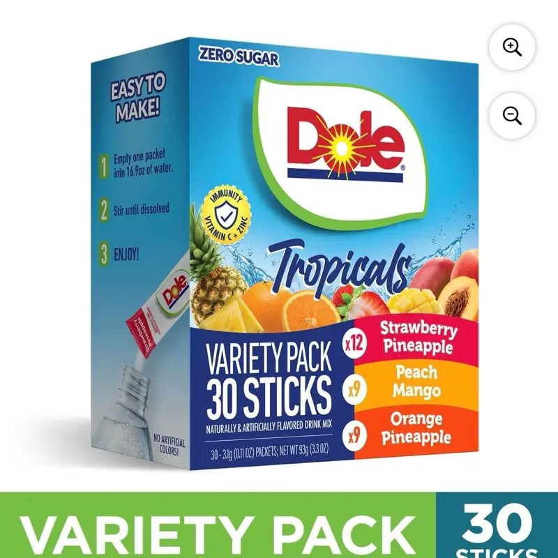 Dole Powder Drink Mix Variety Pack, Tropical, Peach Mango & Strawberry Pineapple, Sugar-Free, 30 Ct