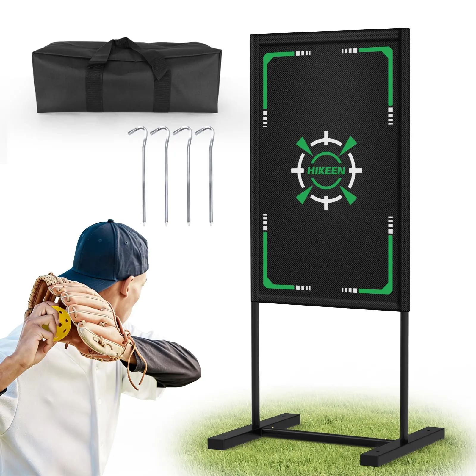 Hikeen Steel Baseball Strike Zone Target, 20.5" x 31.5" Portable Pitching Training Tool with Tear-Proof Fabric for Wiffle Ball & Blitzball Backyard Play, Includes Fast Setup & Carry Bag