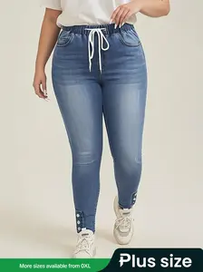 Plus Size Women's Elastic Waist Drawstring Slim-Fit Denim Jeans Pants, Casual Plain Long Jean Trousers for All Seasons