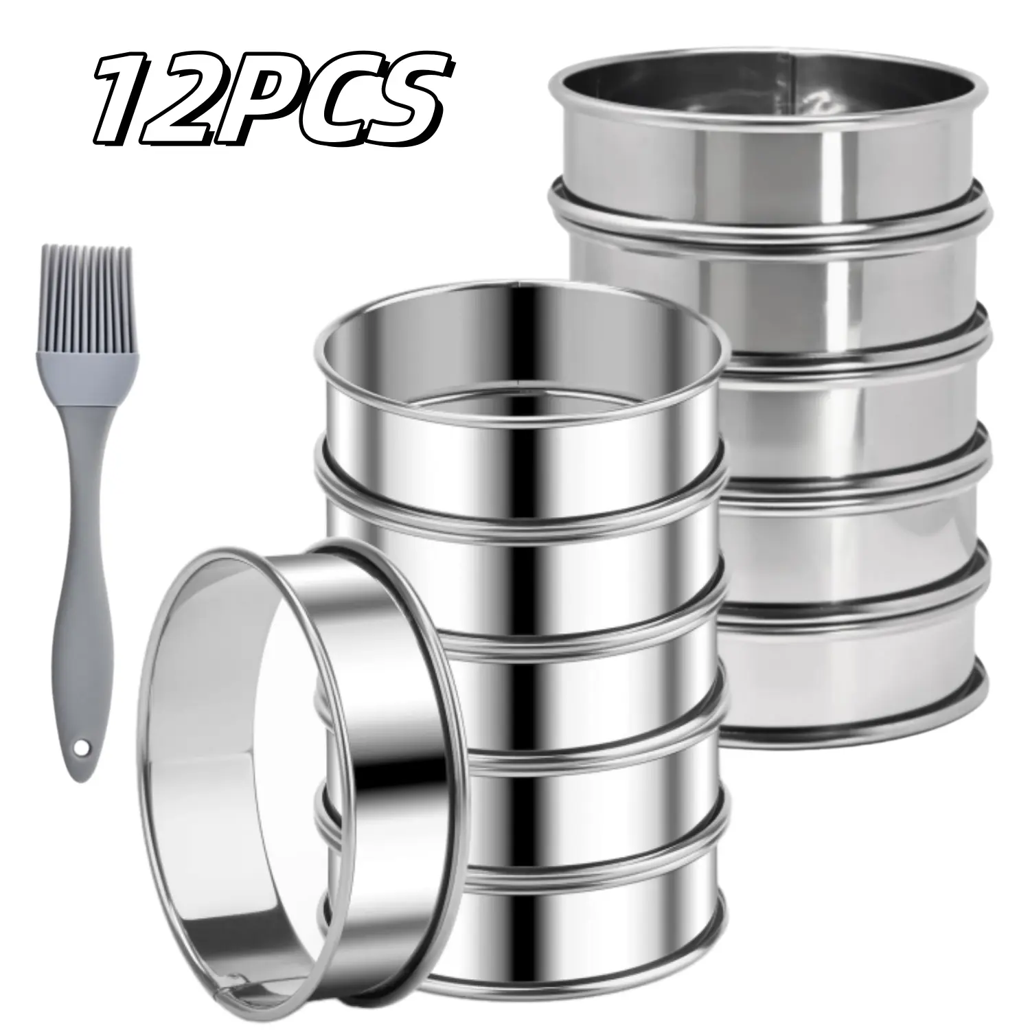12PCS English Muffin Rings, 3.15 Inch Stainless Steel Crumpet Ring Double Rolled Tart Nonstick Metal Round Molds with Silicone Oil Brush