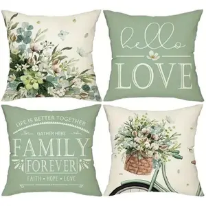 4-Piece Polyester Cushion Covers, Spring Floral and Bike Decor, Single-Sided Print, Invisible Zipper, 18x18 Inches, Living Room Sofa Bedroom Balcony