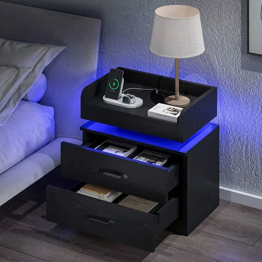 Night Stand Charging Station, Night Stand With LED Light, Nightstand With Drawers, Bedroom Night Stand, Bed Side Table For Bedroom, White/Black/Grey