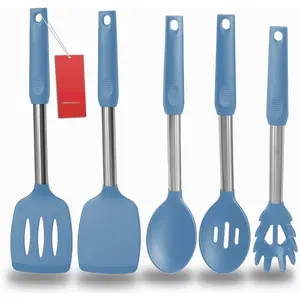 Spatula and Cooking Spoon,5 Pack Solid & Slotted Spoons and Spatulas High Heat resitant for Kitchen, Stainless Steel Handle Coated with , Non Stick Utensil, Starry blue
