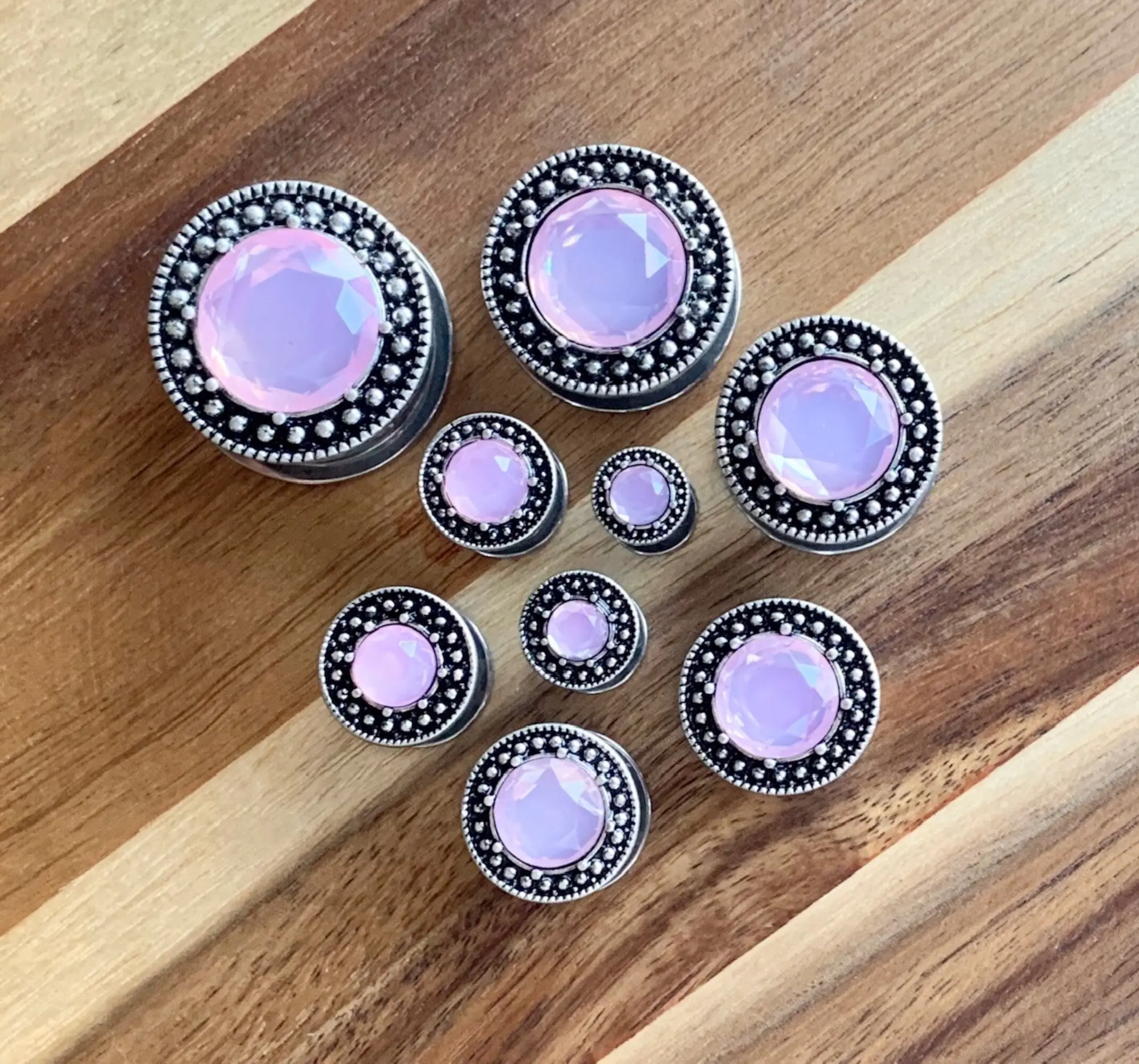Pair of Unique Pink Gem Steel Burnished Antique Silver Top Screw Fit Tunnels/Plugs -  Gauges 1/2" (12mm) thru 1" (25mm)