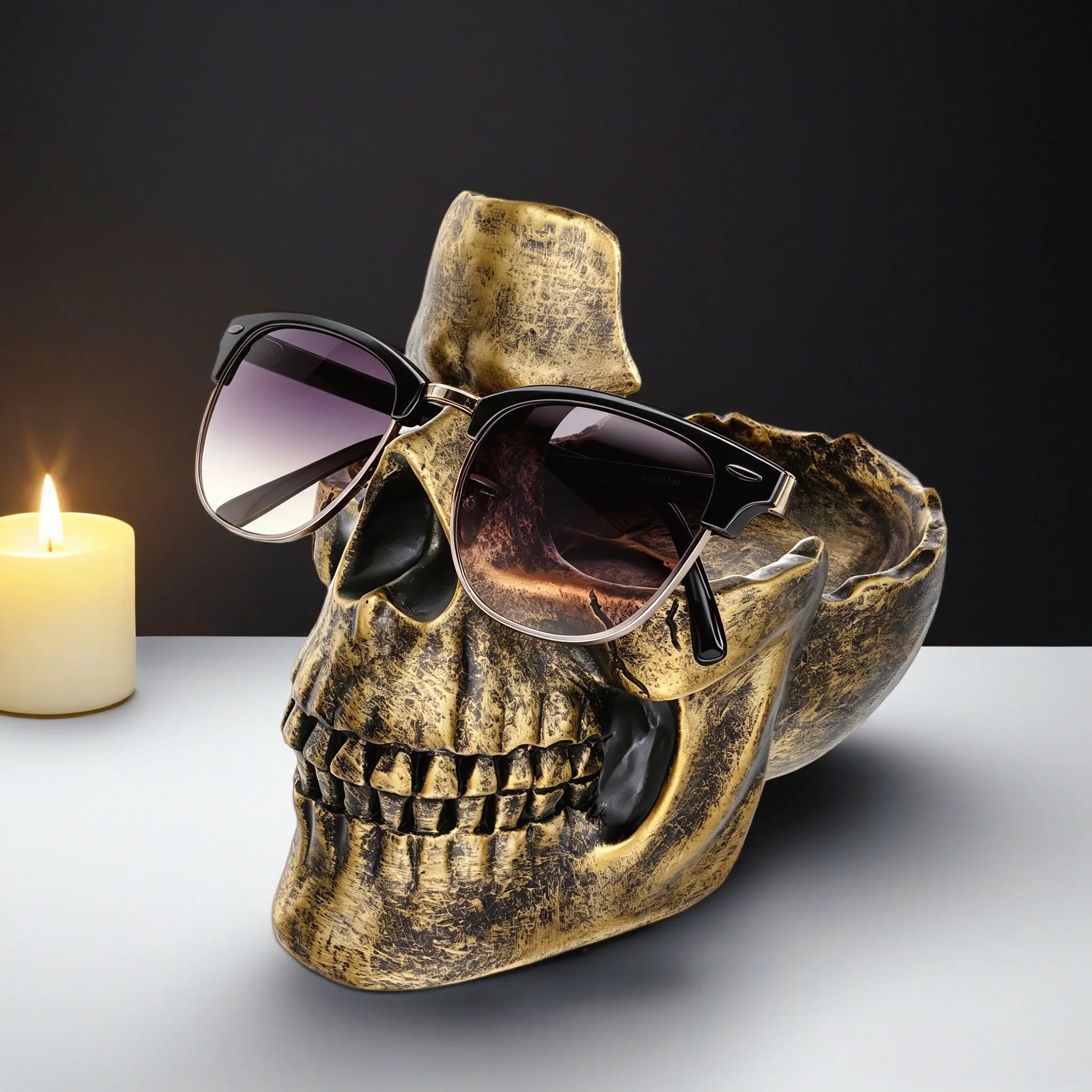 Gothic Skull Resin Glasses Holder with Storage Tray - Novelty Eyeglasses & Sunglasses Display Stand - Desktop Organizer for Home & Office - Decorative Catch-All Tray for Nightstand, Entryway - Gift Idea for Birthday & Father's Day - Halloween Decoration