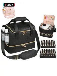 Nail Polish Organizer Bag Holds 80 Bottles (15ml/0.5fl.oz)& Nail Lamp, Soft Velvet Nail Kit Storage Carrying Case with Shoulder Strap, Double Layer Nail Supplies Organizer Handbag Women, Makeup Storage Bag