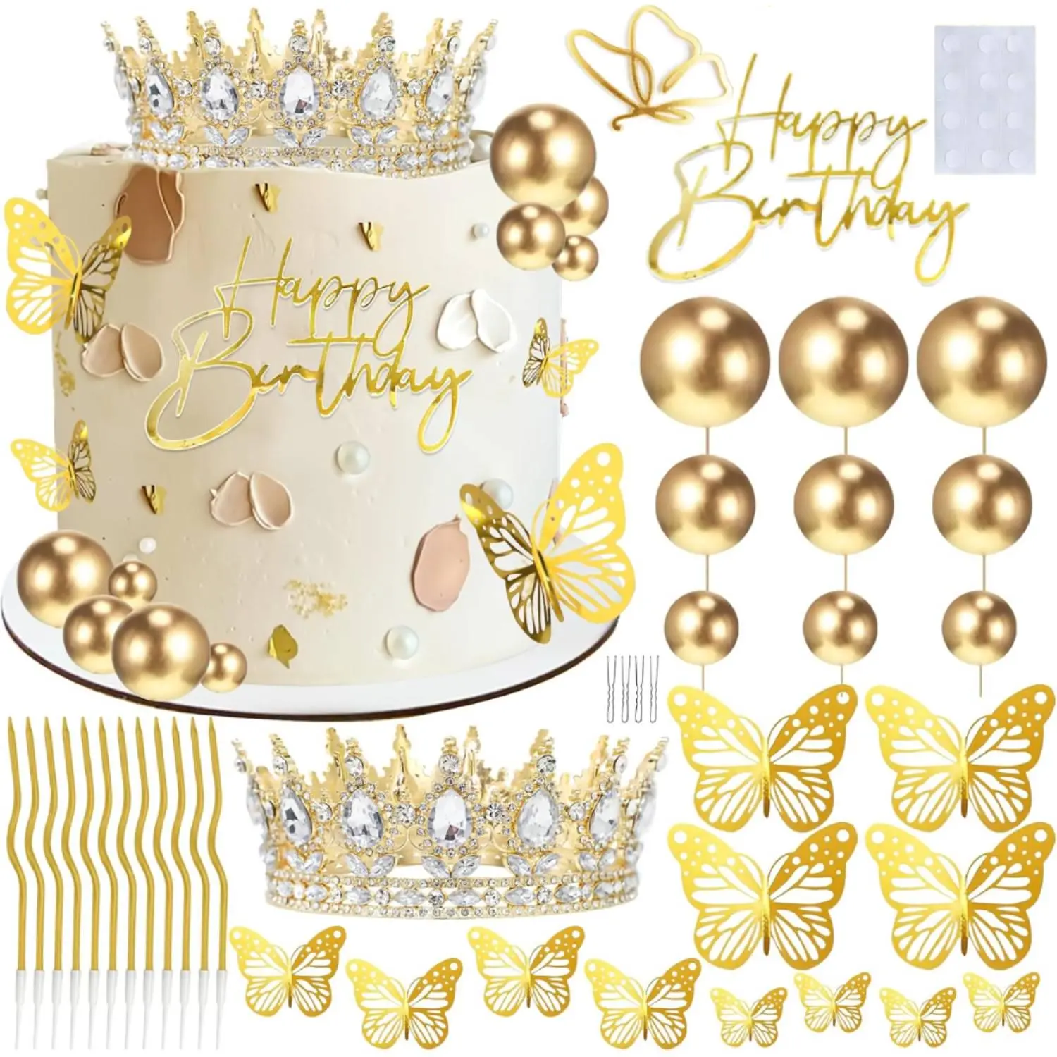Crown Cake Topper, Gold Happy Birthday Cake Toppers Crown Balls Candles Butterflies, Cake Decorations for Women Princess Queen Wedding Party Decorations (Gold, White)