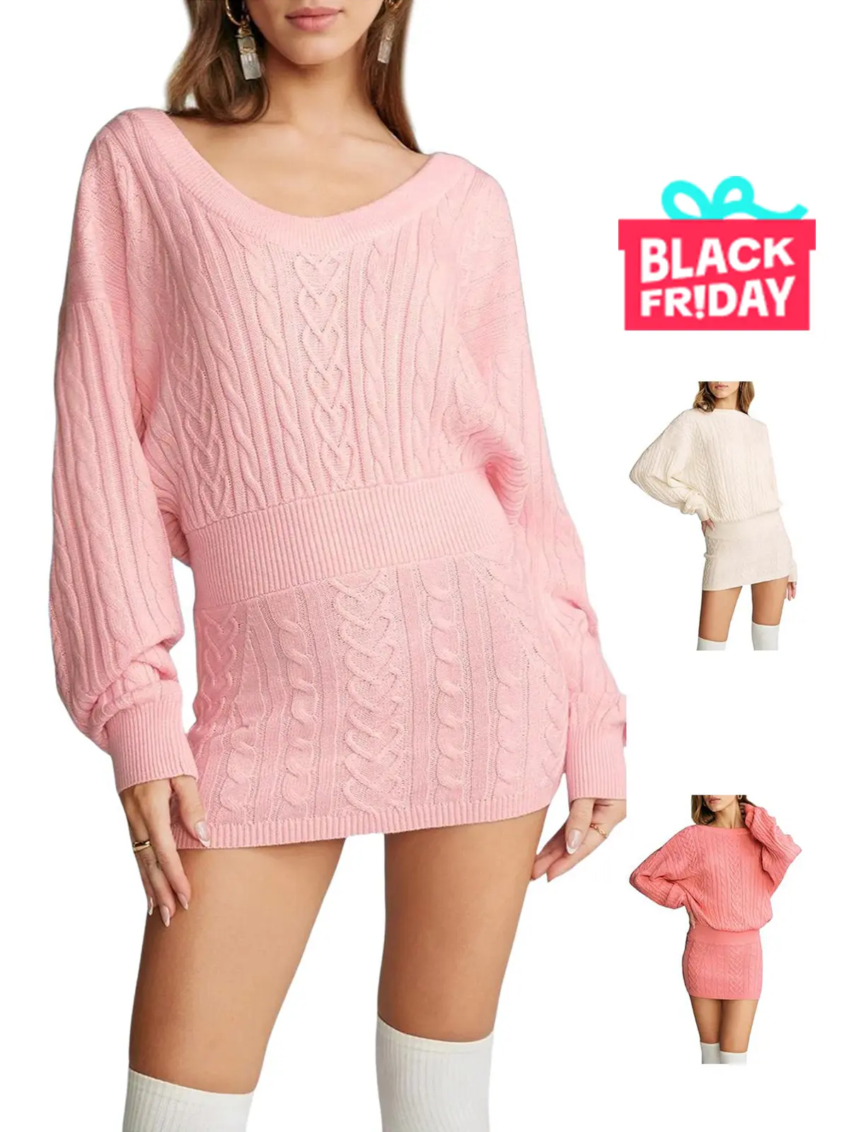 Women's Light Cable Stitch Sweater Dress - Elegant Casual Puff-Sleeve Crewneck Slim Basic Fabric Loose Fall Mini Dress for Everyday Daily Wear