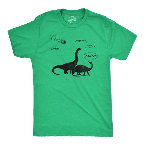 CRAZY DOG T-SHIRTS Men's Santa Dinosaur Graphic Print Top, Funny Christmas Meteor Extinction Joke Crew Neck Fitted Short Sleeve Vintage Cool Novelty Green Tee for Guys