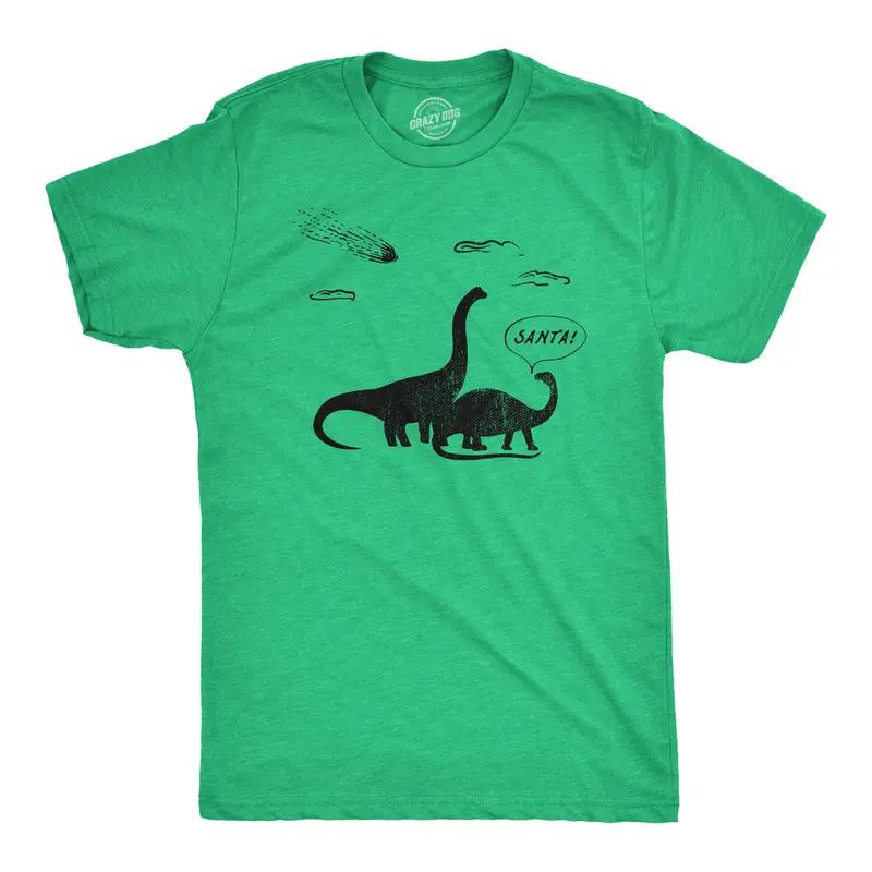 CRAZY DOG T-SHIRTS Men's Santa Dinosaur Graphic Print Top, Funny Christmas Meteor Extinction Joke Crew Neck Fitted Short Sleeve Vintage Cool Novelty Green Tee for Guys
