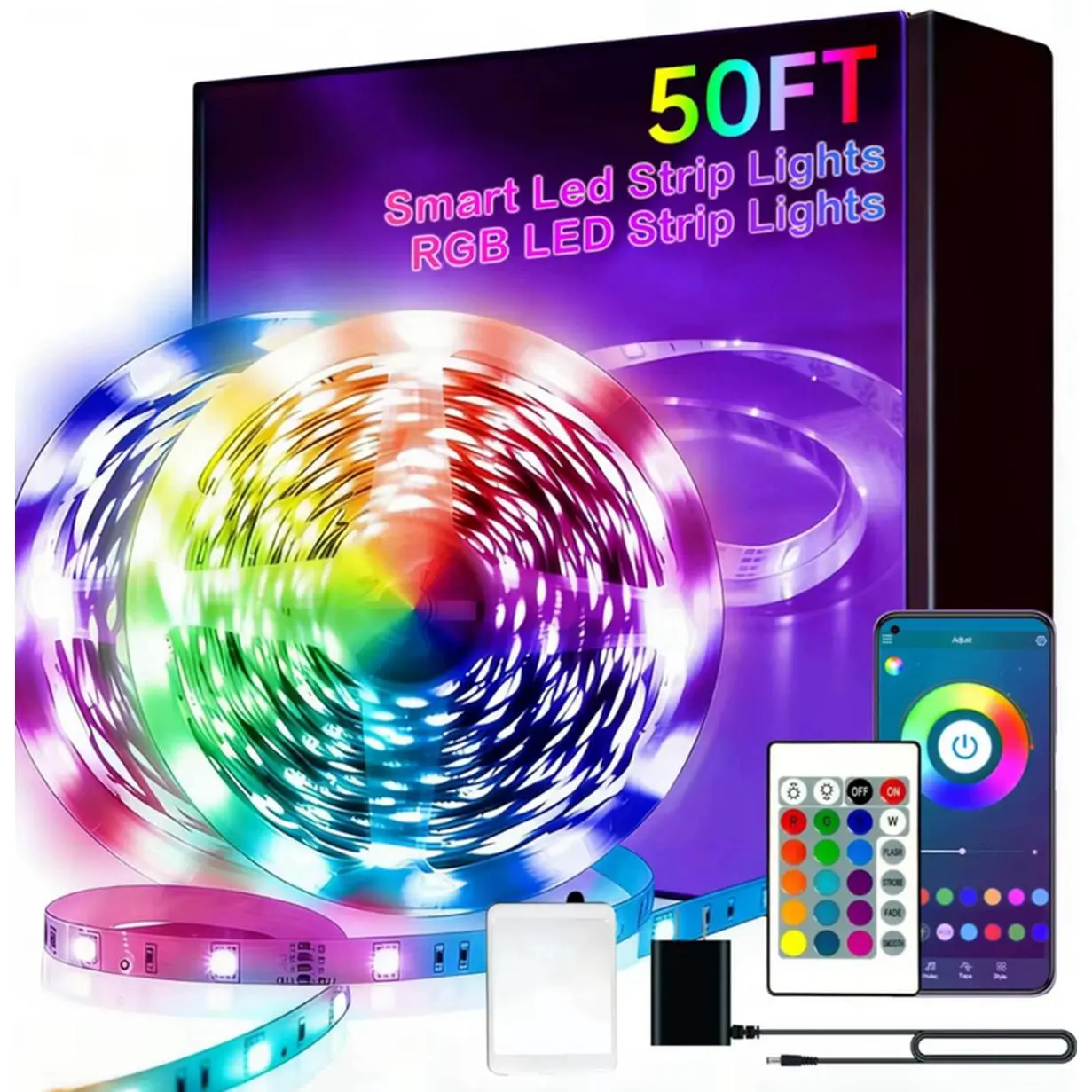 50FT Smart LED Strip Lights RGB LED Strip Lights with Remote Control and App Compatibility for Home Decor