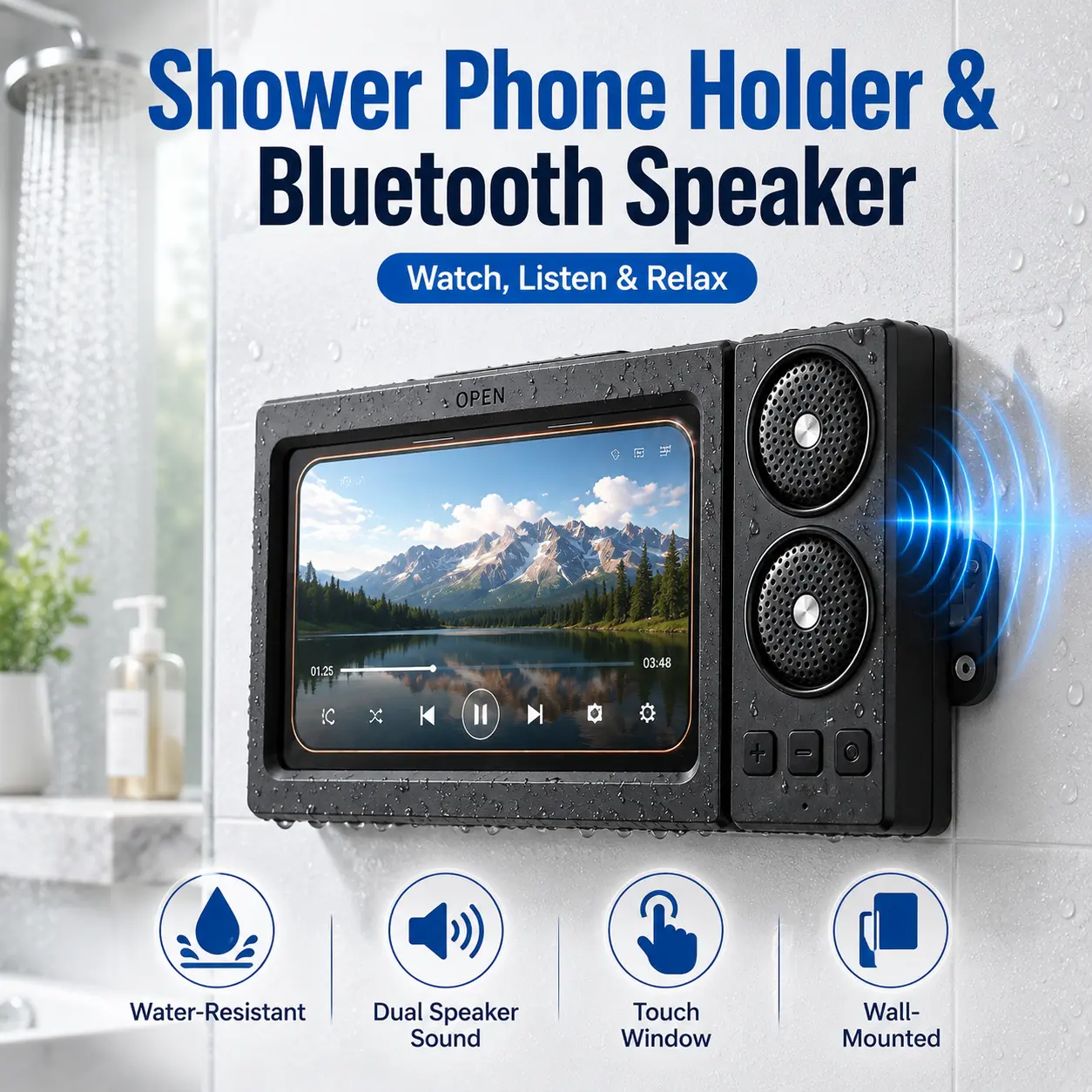 Wall-Mounted Shower Phone Holder with Wireless Dual Speakers, Clear Touch Window and Water-Resistant Bathroom Case