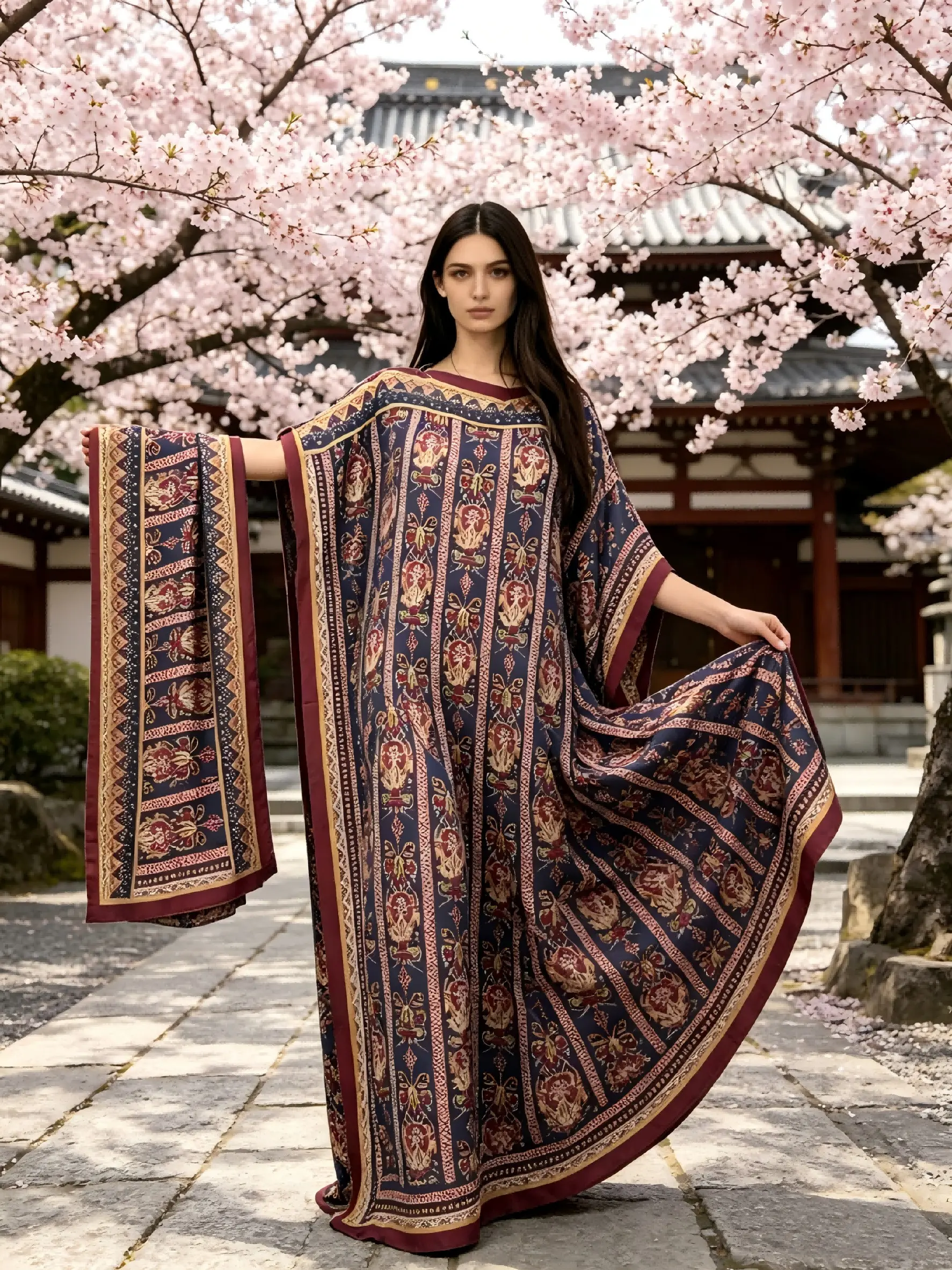 Vintage Ethnic Totem Print Robe Dress Set, Boat Neck Long Dress Robe + Scarf, Boho Style,  All Seasons