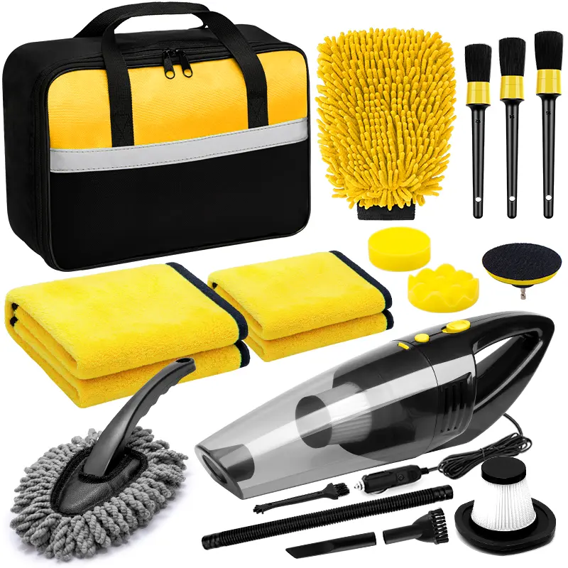 15Pcs Car Cleaning Kit - Automotive Interior & Exterior Maintenance Accessories with Brushes & Dusters, Towels, Portable High-Powered Surface Cleaner, Handheld Vacuum