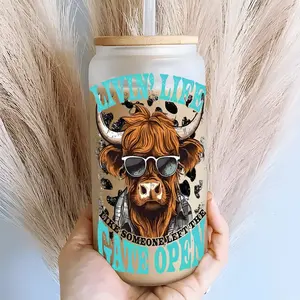 Fashion Highland Cow Sunglasses Quote Glass Tumbler with Lid & Straw, 16oz covered straw glass drinking cup, reusable glass drinking cup, high-quality glass jar design, suitable for iced coffee, beer, juice, milk, cold drink glass cups, Drinkware