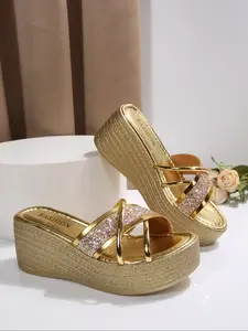 Sparkling Cross Strap Chunky Heel Sandals, /gold/silver Colors, Glitter Eye-Catching, Heightening, Anti-Slip Soft Sole, Summer Date, Crisscross Strap Sandals