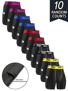 10 pcs random men's self-cultivation long style Boxer underwear Sport, Soft fabric, elastic waistband, There is a pocket on the right side for easy carrying, Suitable for fitness and exercise, Fashionable design, suitable for daily home casual wear.