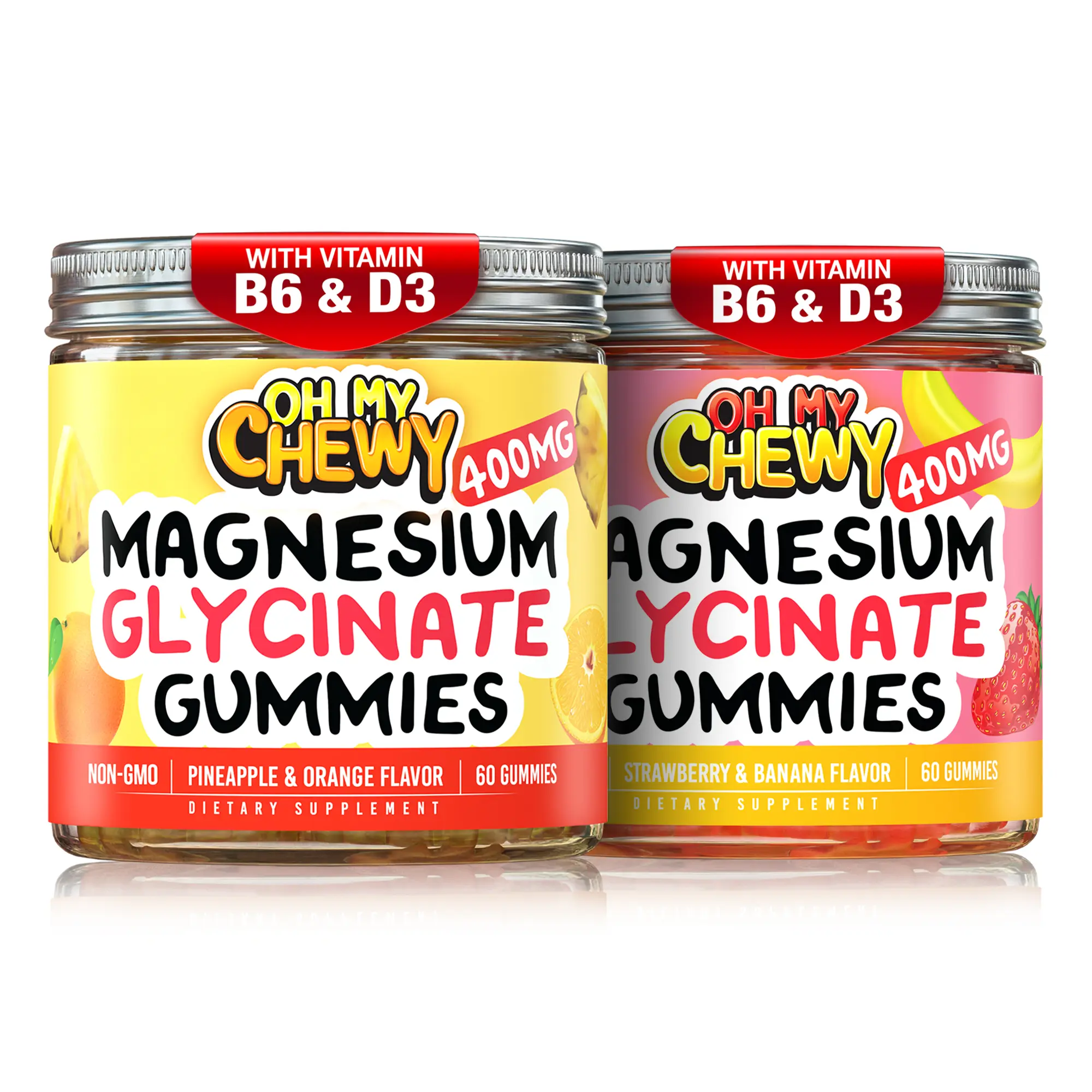 OH MY CHEWY Chewable Magnesium Glycinate Vitamin Gummies Bundle - 2 Bottles (60 Each) - Clean, GMO-Free, Vegan, Allergen-Free (Gluten, Dairy) Energy-Boost Strawberry Banana & Pineapple Orange Natural Dietary Supplement for Outdoor Activities