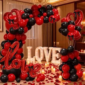103pcs Valentine's Day Balloon Arch Kit Black and Red Latex Balloons Heart Shaped Balloons with Red Love Hook Heart Aluminum Foil Air Black Bow Ribbon Decoration, Used for Valentine's Day Parties Proposal Parties Wedding Birthday Parties Decoration