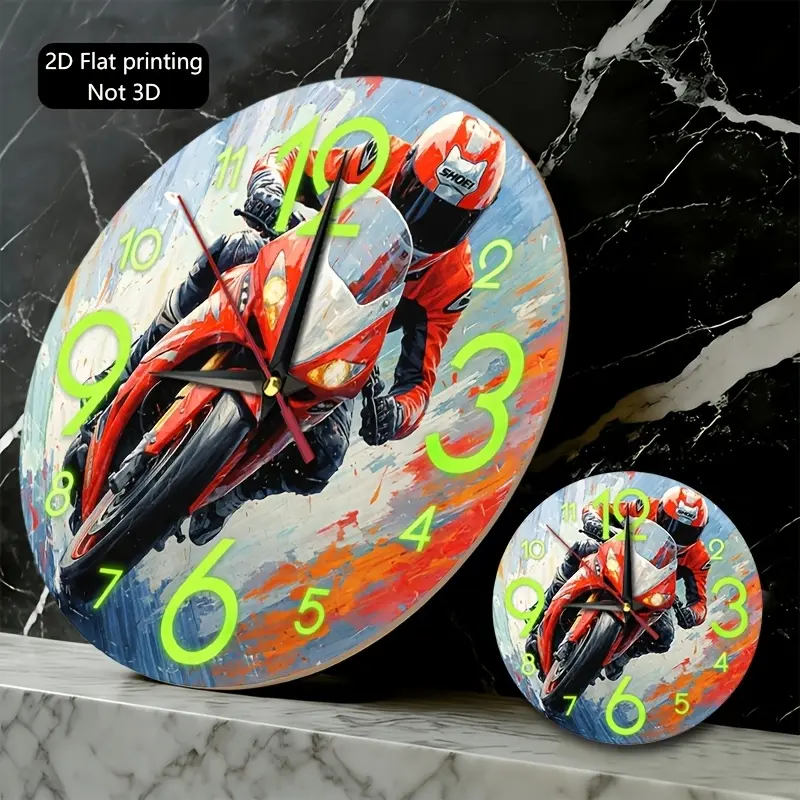 1 motorcycle racing wall clock with Shoei helmet pattern - Red motorcycle-themed round clock, suitable for men's spaces, garages, offices, and living room decor - Colorful abstract background, gift for couples, 2D design