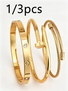 1/3pcs 18K gold-plated stainless steel four-leaf clover stud bracelet, Cuff bracelet, suitable for women's parties and everyday wear. European and American style, personalized, luxurious cubic zirconia wristband, wedding jewelry set, a gift for girls