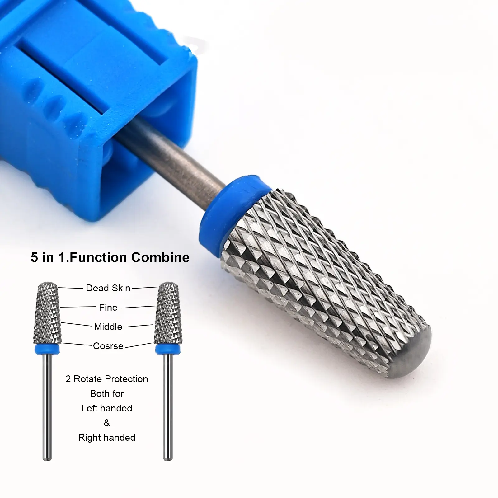 1pc Blue 5 In 1 Tungsten Steel Polishing Head, Nail Care, Double-Sided Winding Teeth, Quick Nail Removal And Dead Skin Removal Tool, Can Be Used With Electric Polishing Machine, Manicure Universal Polishing Head