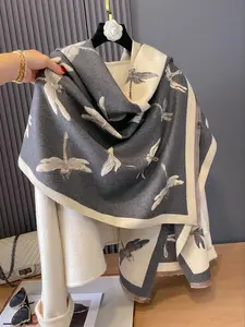 Women's Elegant Dragonfly Pattern Double-sided Fringe Trim Design Scarf, Casual Soft Warm Fashion Shawl Wrap for Fall & Winter, Fashion Accessories for Daily Wear