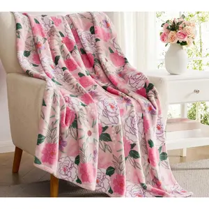 Pink Floral Throw Blanket Soft Flannel Fleece Plush Blankets for Couch Sofa Bed Cozy Warm Spring Flower Botanical Aesthetic Room Decor Cute Mothers Day Birthday Gift for Mom Women