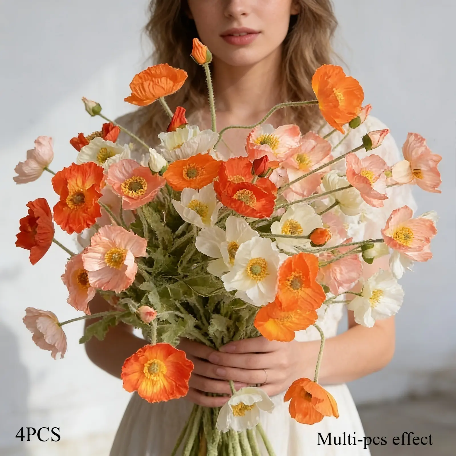 4 Bundles of Artificial Poppy And Daisy Flowers, Artificial Flowers Bouquet, Decorative Flowers, Fake Floral Decor, Realistic, Suitable for Indoor/Outdoor Decoration, Offices, Home Decor, Perfect for Wedding And Engagement Decorations