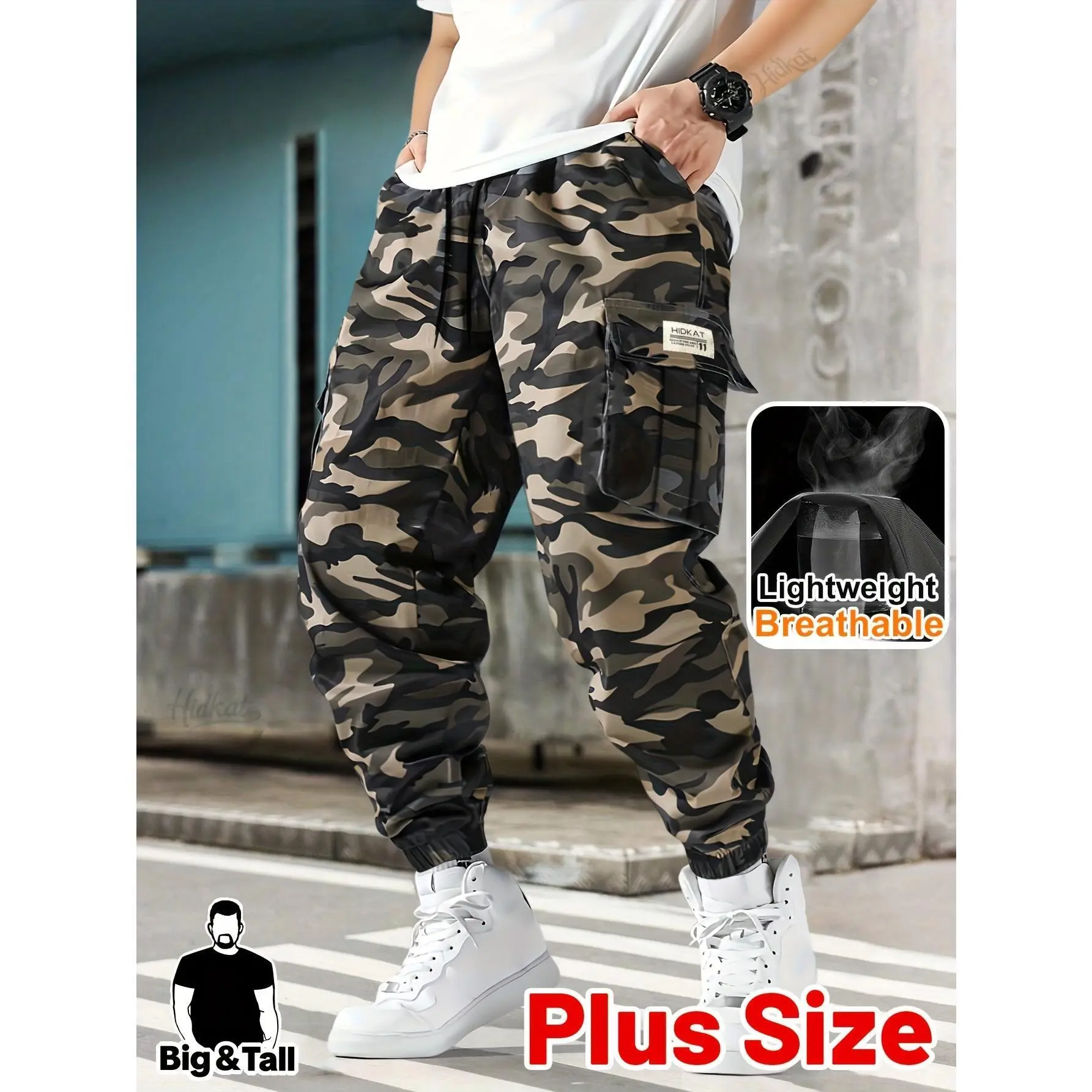 Men’s Plus Size Camo Cargo Jogger Pants – Big & Tall Lightweight Camouflage Pants with Elastic Waist & Multi Pockets for Outdoor, Hiking & Casual Wear