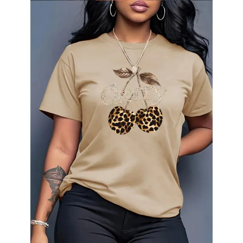 Women'sCasualCherryPrintT-ShirtwithLeopardPrintCherries&LetterDesign-ShortSleeve,CrewNeck,PolyesterKnitTopinVibrantOrange,LadiesTShirts