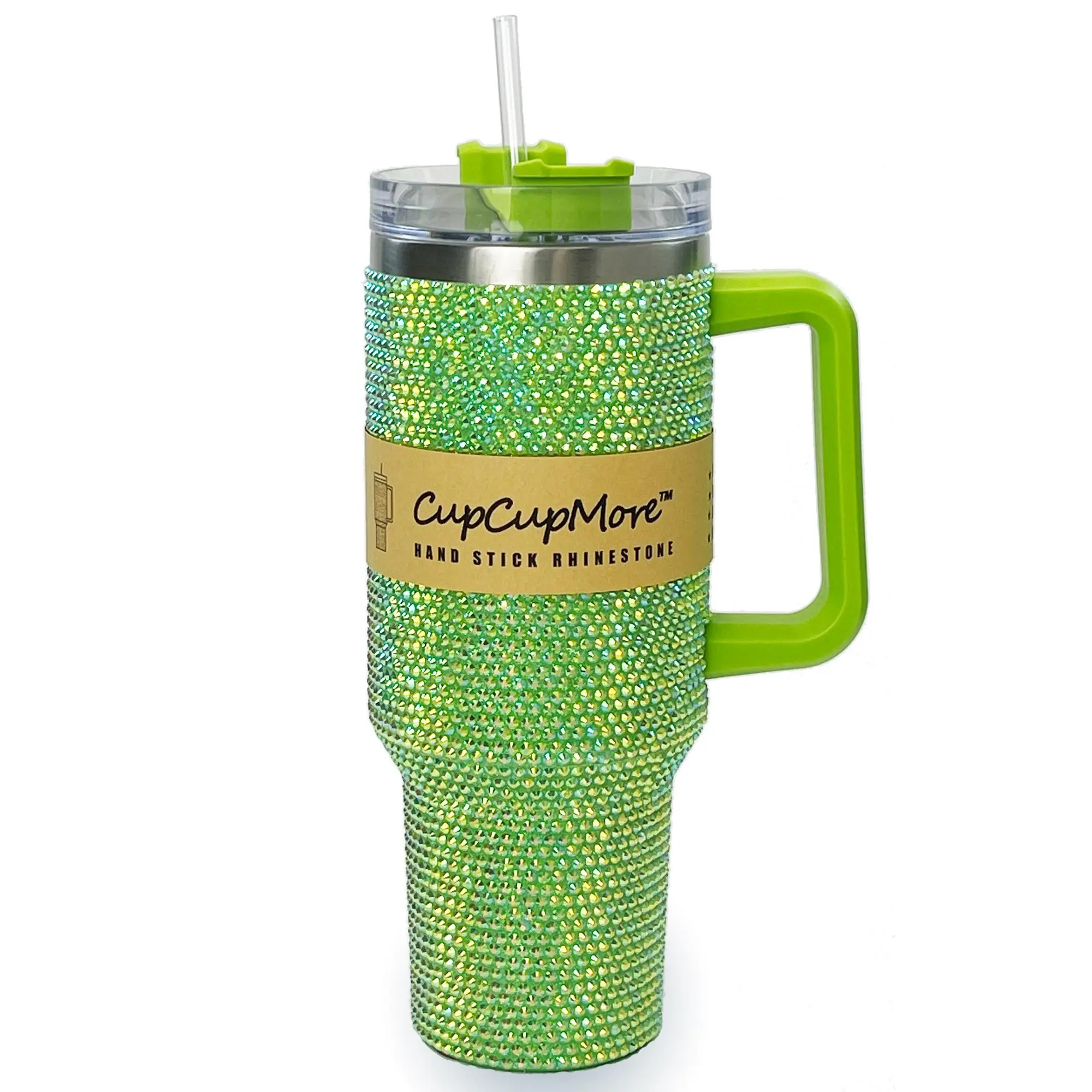 Cupcupmore 40 oz (1,000-2,000 ml) Heat Resistant Insulated Tumbler Set, Stainless Steel Vacuum Flask Insulation Drinkware with Rhinestone Bling Green Lid, Straw, Handle, Sparkle Car Cup Holders, Keeps Cold 12H for Drinks, Coffee